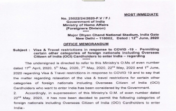 Update on COVID-19 - Visa & Travel restrictions in response to COVID-19 – Permitting certain other categories of foreign nationals including Overseas Citizens of India (OCI) Cardholders to enter India(As on 1st June)